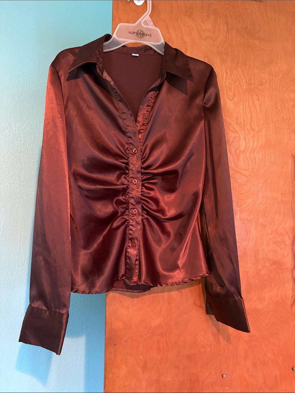 Satin Ruched Button-Front Blouse - Deep Burgundy